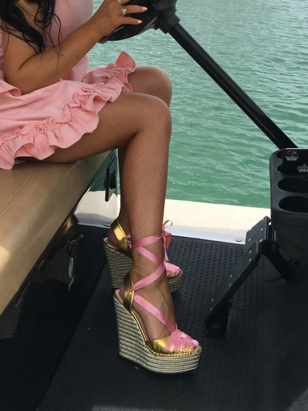 Gucci Gold Espadrille Wedge Sandals Pink Ribbon Tie Platform 37